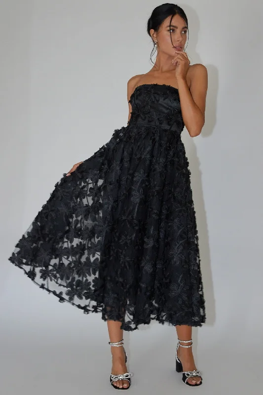 Midi dresses with denim fabric for a casual yet stylish day out Dori Floral Embellished Midi Dress Black