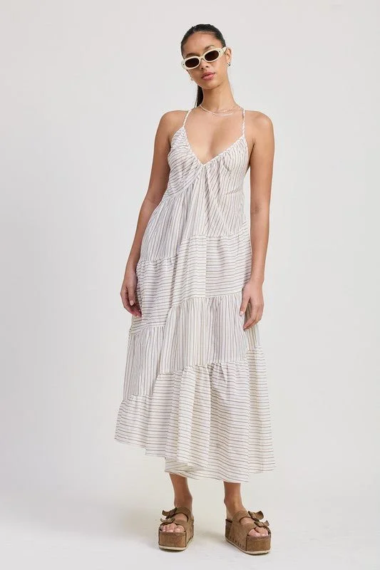 Midi dresses with ruched bodices for a feminine and fitted feel Striped Cross Back Linen Midi Dress