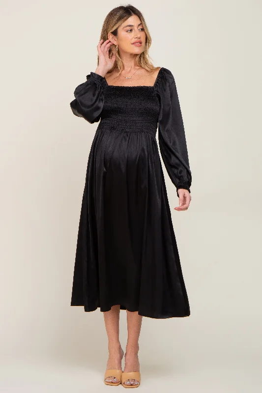Maternity dress for a baby's first visit to the theater Black Smocked Square Neck Satin Maternity Midi Dress