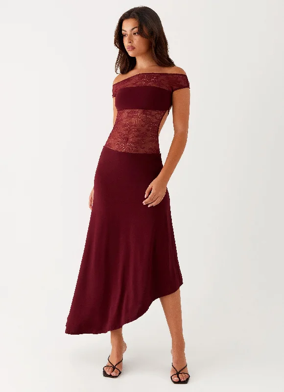 Everyday Dress with Tie - dye Print for a Retro Look​ Francoise Lace Midi Dress - Burgundy