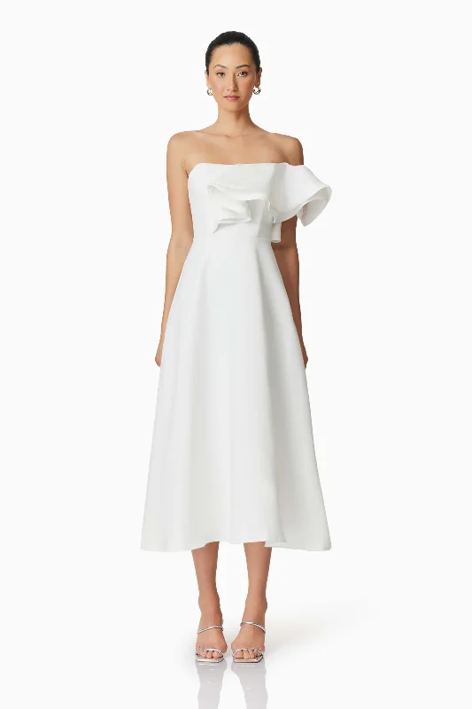 Midi dresses with ruffled bodices for a more pronounced feminine look Celia Midi Dress in White