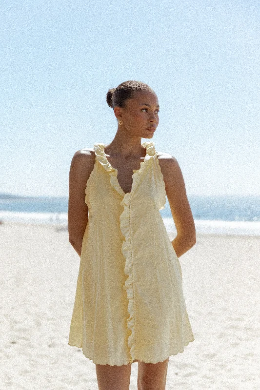 Mini dresses with halter necks for a stylish choice Cassandra Ruffle Mini Dress - Butter Yellow