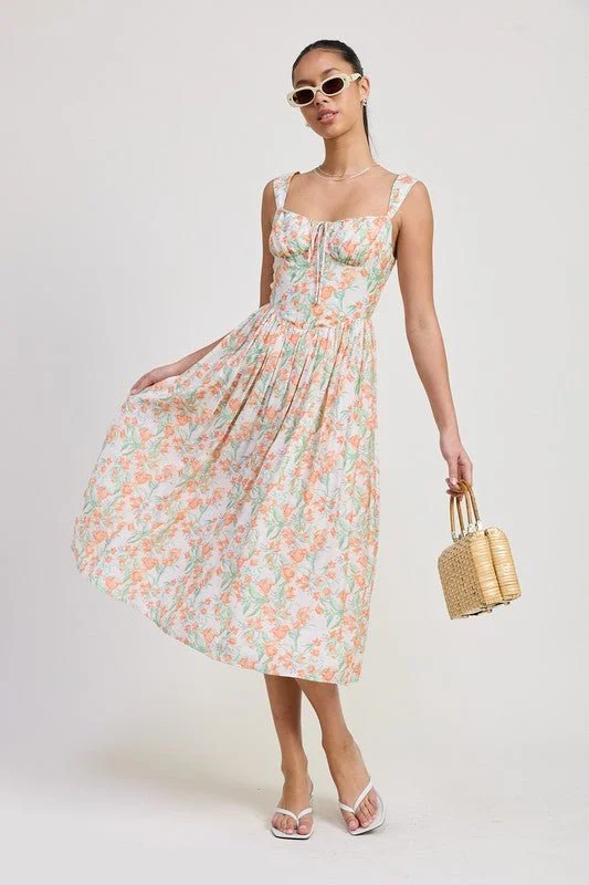 Midi dresses with tassel accents for a bohemian and free - spirited style Floral Bustier Midi Dress Midi dresses with tassel accents for a bohemian and free - spirited style Floral Bustier Midi Dress