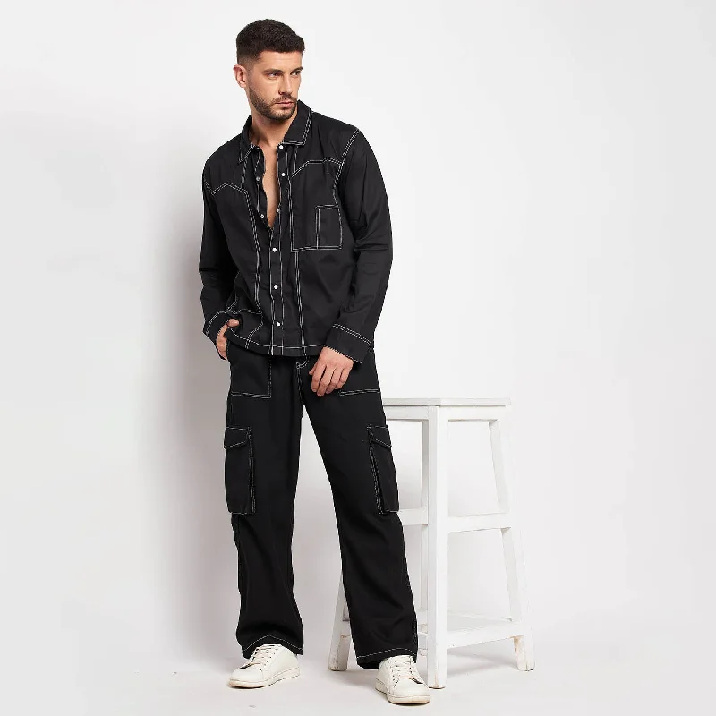 Organic cotton overalls for eco - conscious consumersBlack Contrast Stitch Carpenter Shirt and Cargo Pants Clothing Set Organic cotton overalls for eco - conscious consumersBlack Contrast Stitch Carpenter Shirt and Cargo Pants Clothing Set