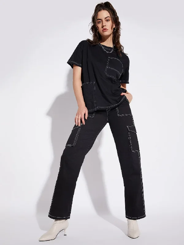 Overalls with a lace - up detail for a fashion - forward lookBlack Unisex Oversized Carpenter Tshirt & Cargo Pants Combo Set Overalls with a lace - up detail for a fashion - forward lookBlack Unisex Oversized Carpenter Tshirt & Cargo Pants Combo Set