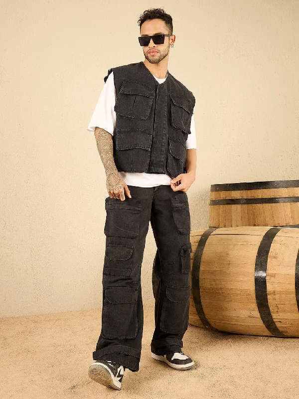 Overalls with a zippered leg for easy removalBlack Washed Denim Jacket and Pants Clothing Set Overalls with a zippered leg for easy removalBlack Washed Denim Jacket and Pants Clothing Set