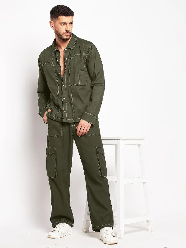 Adjustable - strap overalls for customized sizing​Olive Contrast Stitch Shirt and Cargo Pants Clothing Set