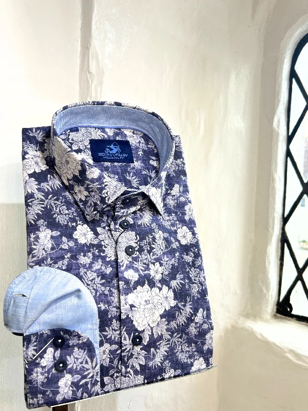 Plus Size Men's Plaid Flannel Casual Shirts in Earth Tones for a Cozy Fall OutfitDARK BLUE FLORAL PATTERN LONG SLEEVE SHIRT Plus Size Men's Plaid Flannel Casual Shirts in Earth Tones for a Cozy Fall OutfitDARK BLUE FLORAL PATTERN LONG SLEEVE SHIRT
