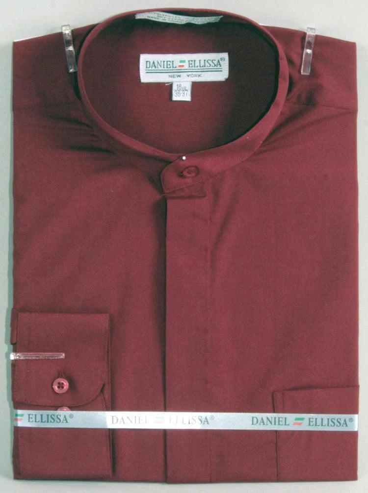 Plus Size Men's Striped Chambray Casual Shirts with a Spread Collar for a Preppy AppearanceBanded Collar Dress Shirt, Burgundy Plus Size Men's Striped Chambray Casual Shirts with a Spread Collar for a Preppy AppearanceBanded Collar Dress Shirt, Burgundy