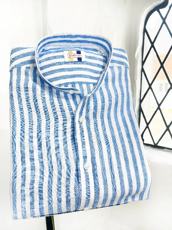 Men's Graphic - Printed Casual Shirts with Pop - Culture References for a Fun and Stylish LookBLUE AND WHITE STRIPE LONG SLEEVE LINEN SHIRT Men's Graphic - Printed Casual Shirts with Pop - Culture References for a Fun and Stylish LookBLUE AND WHITE STRIPE LONG SLEEVE LINEN SHIRT