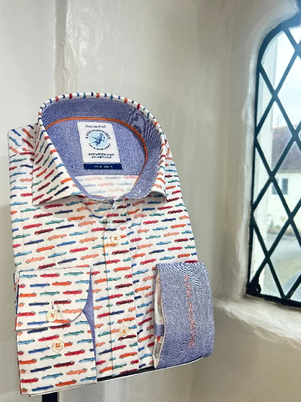 Men's Stretch - Fabric Casual Shirts in Navy Blue for a Comfortable and Flexible FitCADILLAC PRINT LONG SLEEVE SHIRT Men's Stretch - Fabric Casual Shirts in Navy Blue for a Comfortable and Flexible FitCADILLAC PRINT LONG SLEEVE SHIRT
