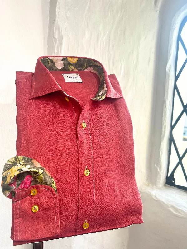 Men's Organic Cotton Casual Shirts with a Soft Handfeel for Everyday ComfortHOT PINK LONG SLEEVE LINEN SHIRT WITH FRUIT AND BIRD TRIM Men's Organic Cotton Casual Shirts with a Soft Handfeel for Everyday ComfortHOT PINK LONG SLEEVE LINEN SHIRT WITH FRUIT AND BIRD TRIM