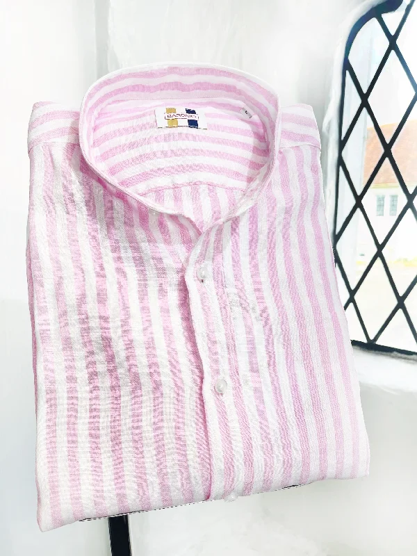 Men's Long - Line Oversized Casual Shirts in Dark Gray for a Relaxed and Modern LookPINK AND WHITE LONG SLEEVE LINEN SHIRT Men's Long - Line Oversized Casual Shirts in Dark Gray for a Relaxed and Modern LookPINK AND WHITE LONG SLEEVE LINEN SHIRT