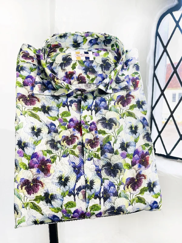 Men's Button - Down Oxford Casual Shirts in Crisp White for a Classic and Versatile StylePURPLE PANSIES LONG SLEEVE LINEN SHIRT