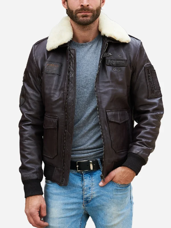 Men jackets with a built - in hood that can be stowed away when not in useAir Bus Pilot Brown Leather Bomber Jacket