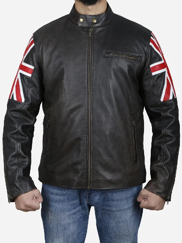 Plus - size men jackets with adjustable drawstrings for a comfortable fitAlex Men's Brown Leather Jacket with UK Flag on Sleeves Plus - size men jackets with adjustable drawstrings for a comfortable fitAlex Men's Brown Leather Jacket with UK Flag on Sleeves