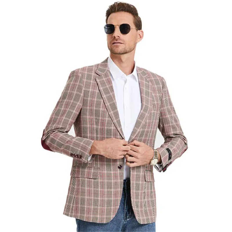 Men's Lightweight Linen - Blend Blazer in Beige for a Casual and Comfortable Summer EnsembleAres Collection: Burgundy Glen Check Pattern Slim Fit Blazer Men's Lightweight Linen - Blend Blazer in Beige for a Casual and Comfortable Summer EnsembleAres Collection: Burgundy Glen Check Pattern Slim Fit Blazer