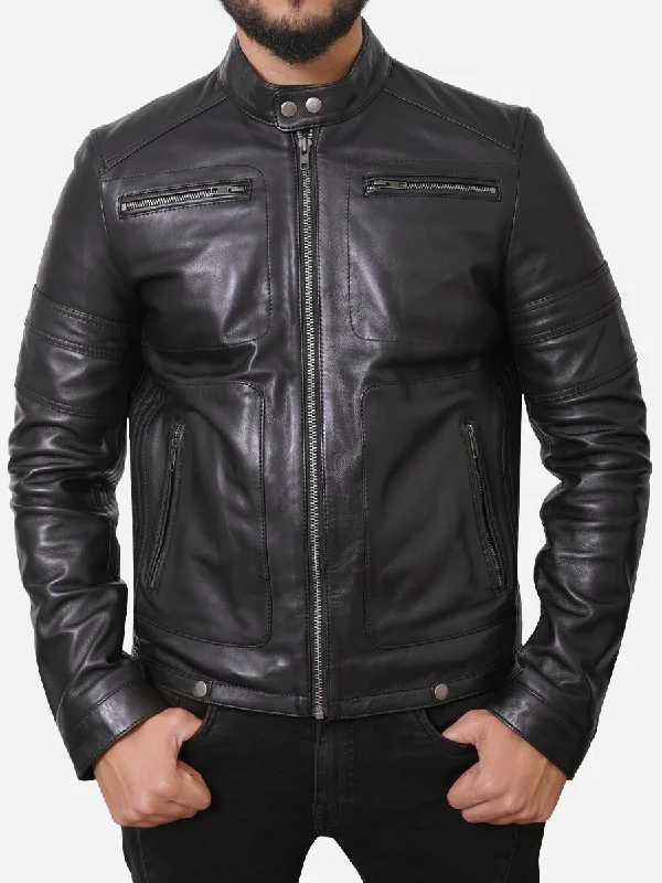 Hooded men jackets with a detachable faux - fur trim for added warmthMason Cafe Racer Genuine Black Leather Jacket Hooded men jackets with a detachable faux - fur trim for added warmthMason Cafe Racer Genuine Black Leather Jacket
