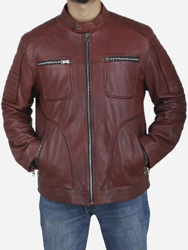 Slim - fit leather men jackets with a distressed finish for a rugged lookCesar Vintage Men's Maroon Cafe Racer Leather Jacket Slim - fit leather men jackets with a distressed finish for a rugged lookCesar Vintage Men's Maroon Cafe Racer Leather Jacket