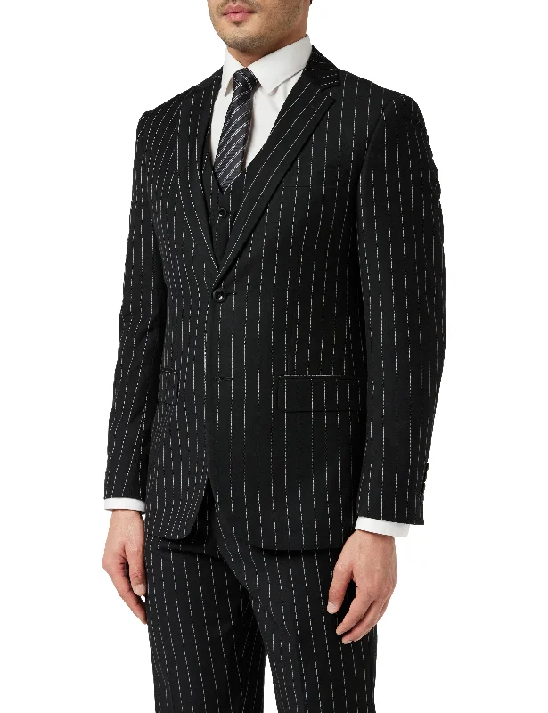 Men's Stretch - Fabric Blazer in Black for a Comfortable and Flexible Everyday WearCLASSIC BLACK WHITE PINSTRIPE JACKET Men's Stretch - Fabric Blazer in Black for a Comfortable and Flexible Everyday WearCLASSIC BLACK WHITE PINSTRIPE JACKET