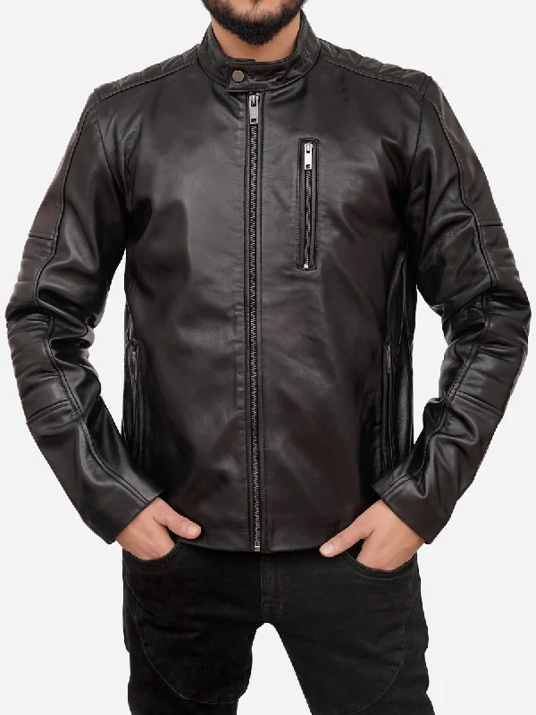 Men jackets with a hidden interior pocket for secure storageDavenport Black Biker Leather Jacket Men jackets with a hidden interior pocket for secure storageDavenport Black Biker Leather Jacket