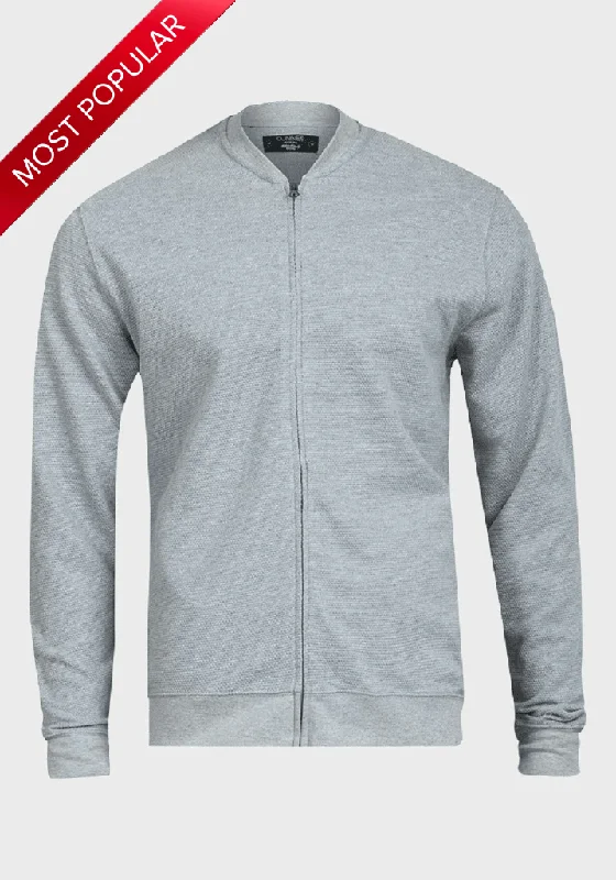 Men jackets with a built - in hood that can be stowed away when not in useDe La Creme MAN - Pique Grey Long Sleeve Zip-up Bomber Jacket