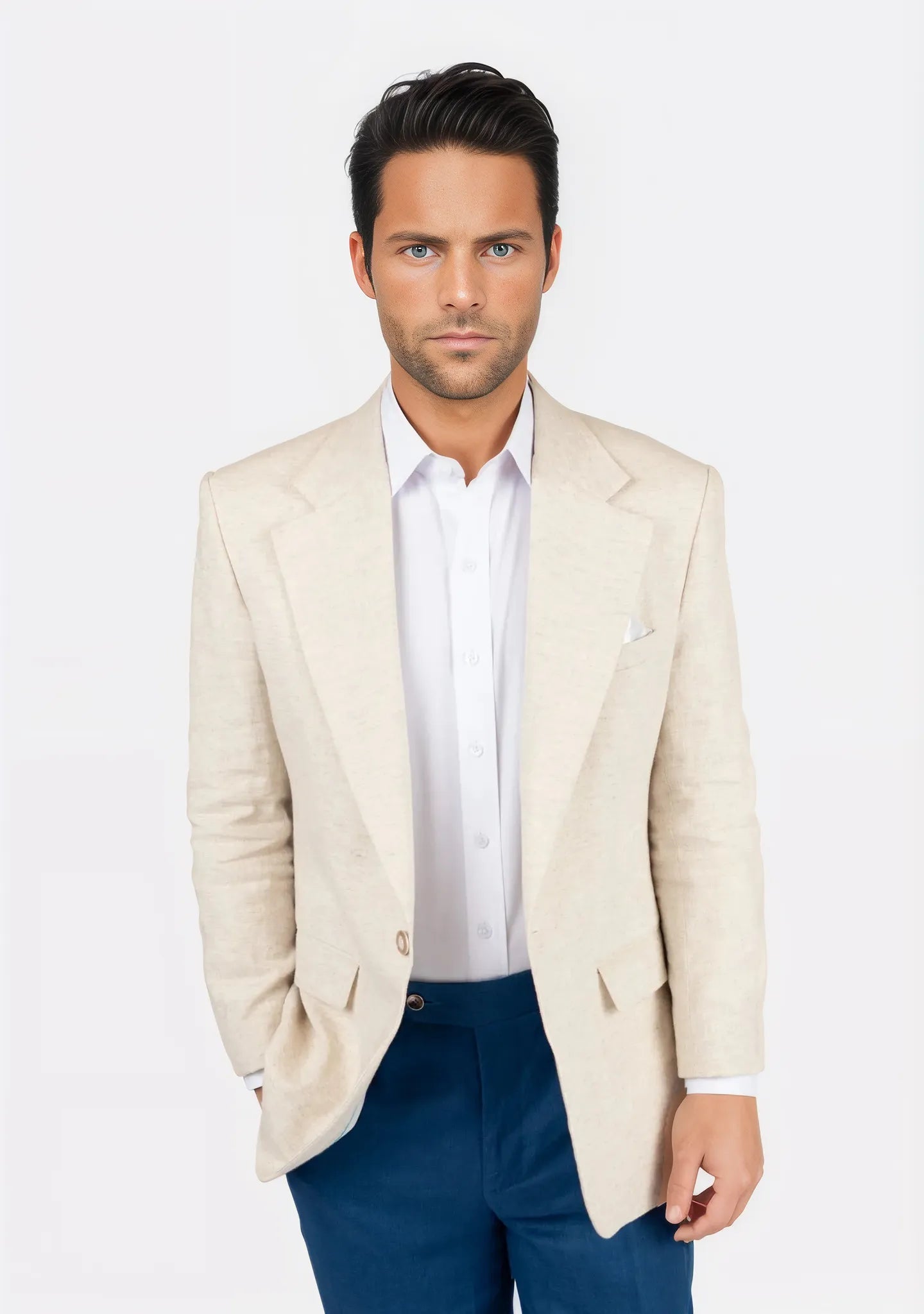 Tall Men's White Linen Blazer with Gold Buttons for a Beach - Ready and Elegant LookEldridge Sand Linen Jacket Tall Men's White Linen Blazer with Gold Buttons for a Beach - Ready and Elegant LookEldridge Sand Linen Jacket