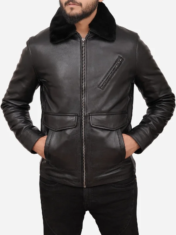 Men jackets with a media - friendly pocket for easy access to gadgetsGeorge Shearling Collar Black Leather Jacket Men jackets with a media - friendly pocket for easy access to gadgetsGeorge Shearling Collar Black Leather Jacket