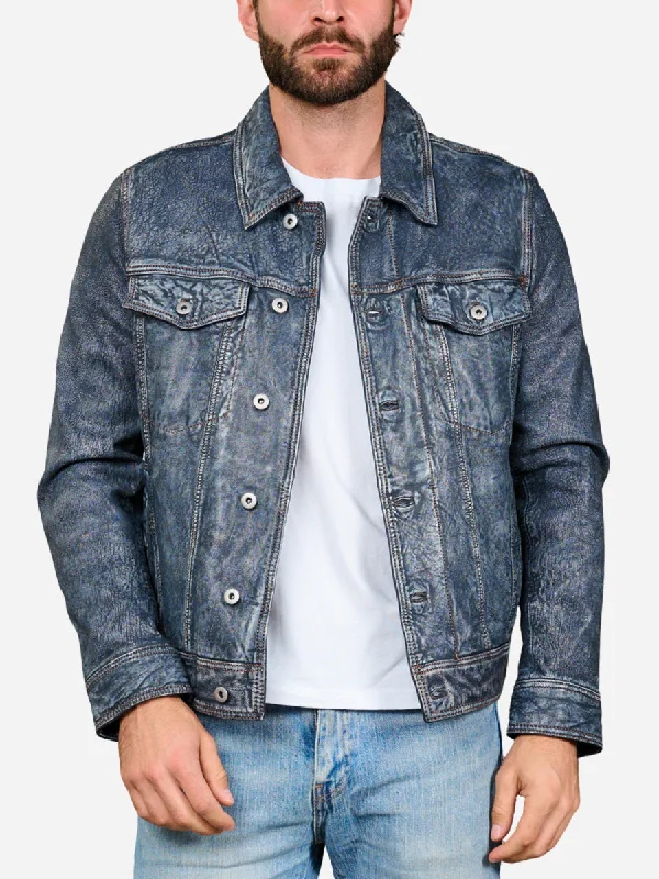 Men jackets with a media - friendly pocket for easy access to gadgetsHudson Trucker Blue Leather Jacket Men jackets with a media - friendly pocket for easy access to gadgetsHudson Trucker Blue Leather Jacket
