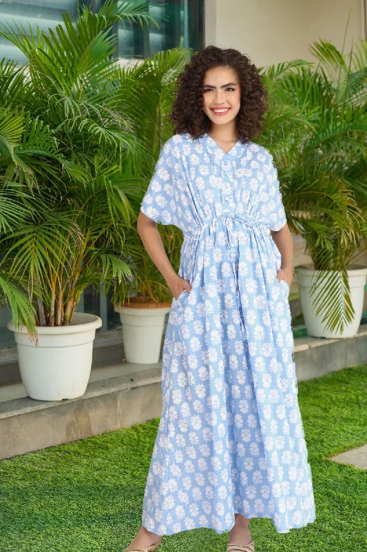 Ice Blue Maternity & Nursing Dress / Delivery Gown/ Night Dress (100% Cotton)