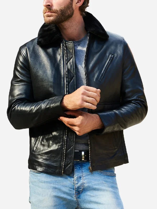 Corduroy men jackets in earthy tones for a rustic charmJasper Aviator Flight Shearling Black Leather Jacket