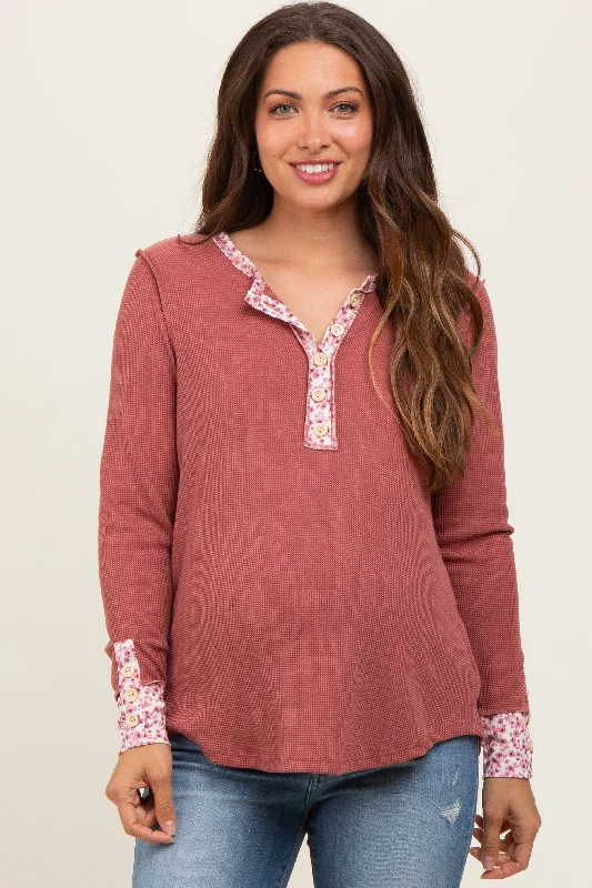 Mauve Floral Accent Maternity Henley Top