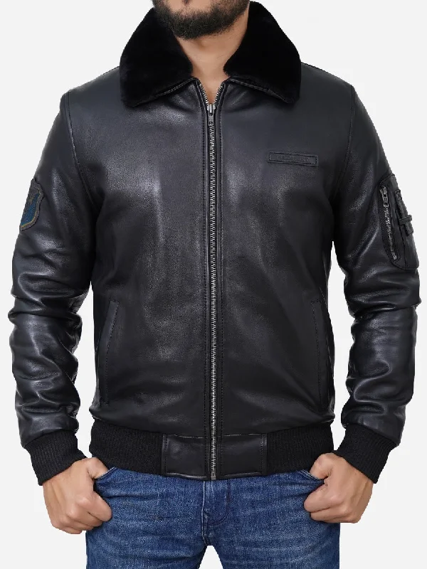 Denim men jackets with embroidered patches for a personalized touchMen Black Shearling Collar Bomber Leather Jacket Denim men jackets with embroidered patches for a personalized touchMen Black Shearling Collar Bomber Leather Jacket