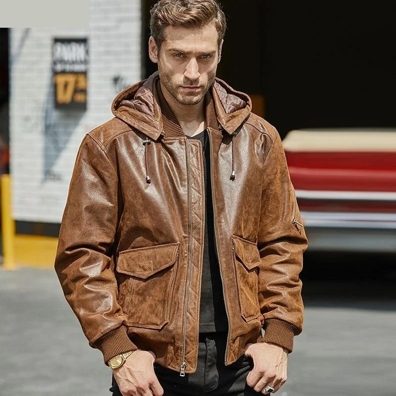 Fleece - lined men jackets for cold - weather commutingMen's Genuine Leather With A Removable Hood Warmer Brown Jacket Fleece - lined men jackets for cold - weather commutingMen's Genuine Leather With A Removable Hood Warmer Brown Jacket