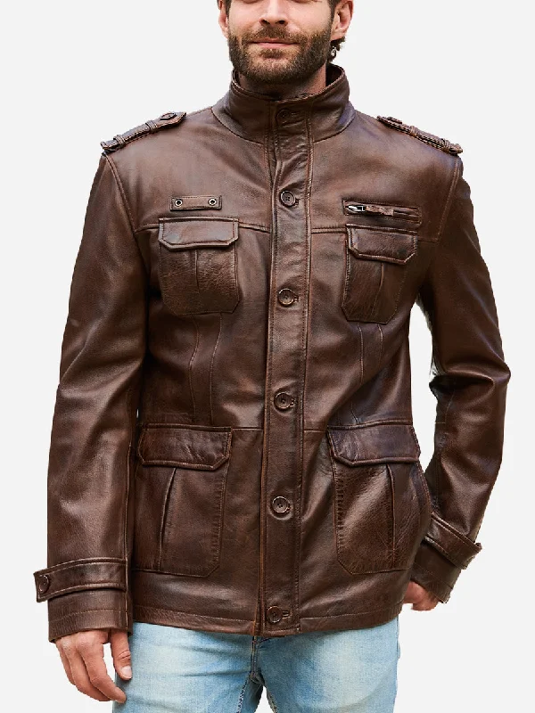 Plus - size men jackets with adjustable drawstrings for a comfortable fitOliver Brown Leather Distressed Jacket Plus - size men jackets with adjustable drawstrings for a comfortable fitOliver Brown Leather Distressed Jacket