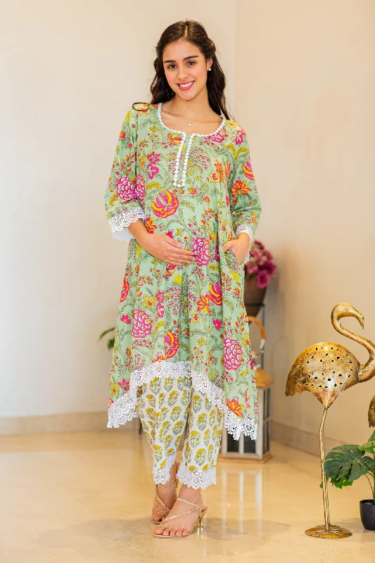 Peaceful Daffodil Apple Green Maternity Kurta + Bump Band Bottom (100% Cotton) (2 pc)