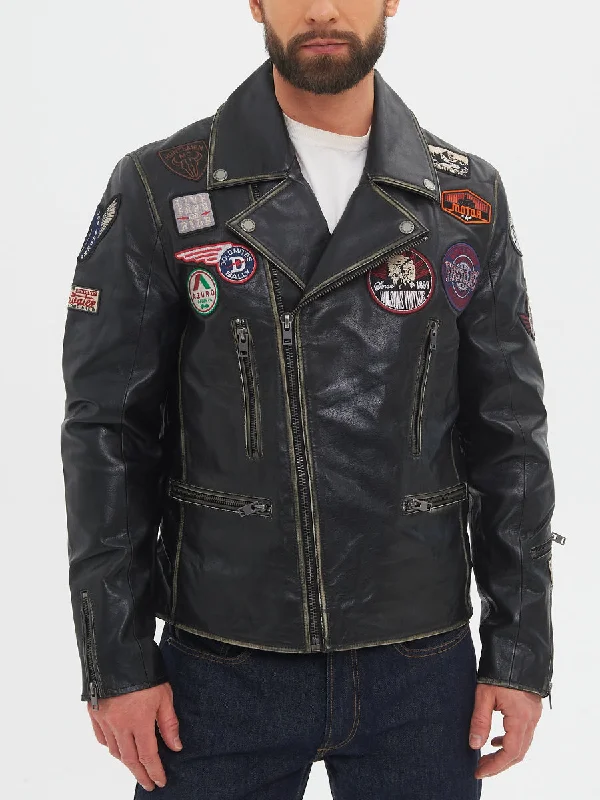 Performance - driven men jackets with breathable fabric for sportsSentinel Black Leather Jacket With Patches Performance - driven men jackets with breathable fabric for sportsSentinel Black Leather Jacket With Patches