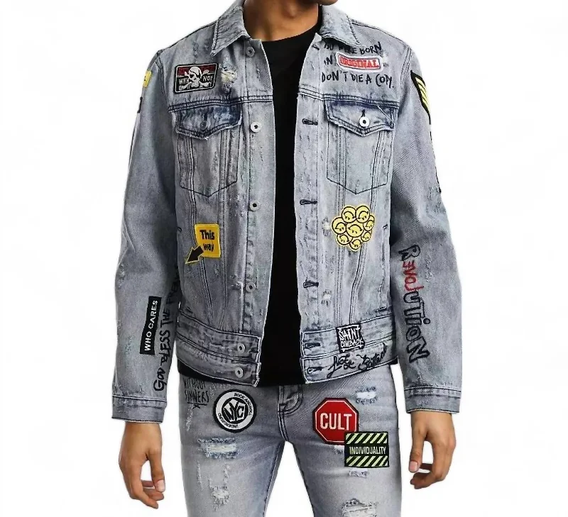 Denim men jackets with embroidered patches for a personalized touchType Iv Denim Jacket In Graffiti Denim men jackets with embroidered patches for a personalized touchType Iv Denim Jacket In Graffiti