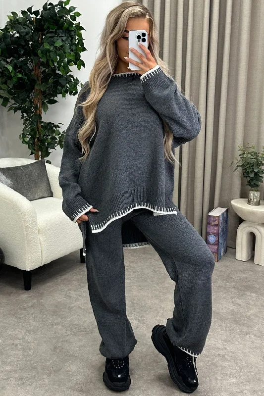 Cloe Charcoal Contrast Trim Knitted Jumper and Wide Leg Trousers Co-Ord Set