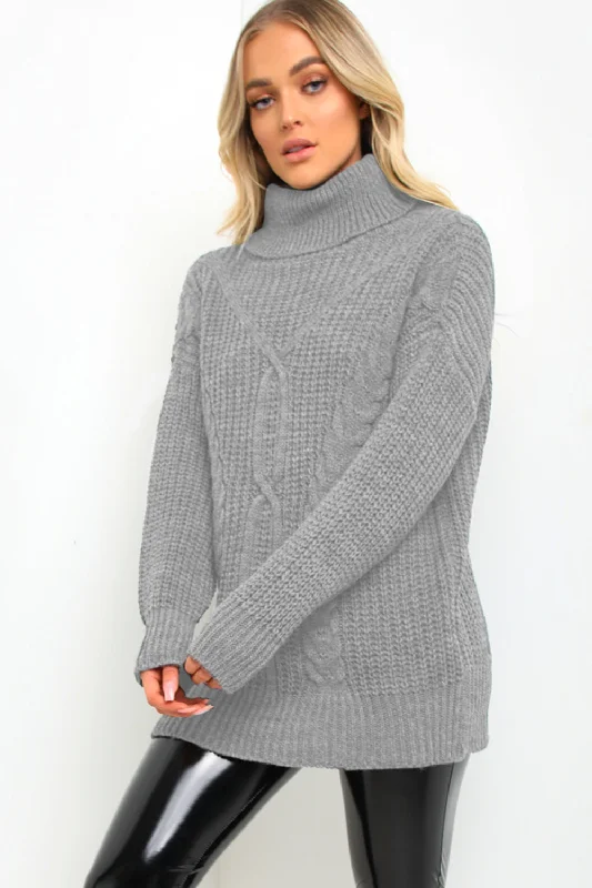 Kerys Grey Roll Neck Cable Knit Jumper