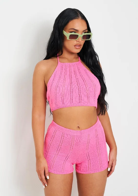 Laylani Pink Stitch Detail Knit Halter Neck Top