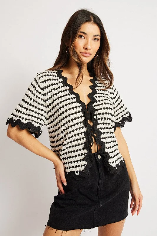 Multi Stripe Knit Cardigan Short Sleeve Tie Up