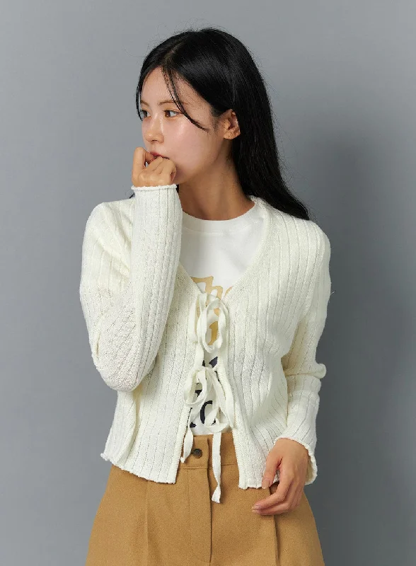 Tie V-Neck Ribbed Cardigan ON324