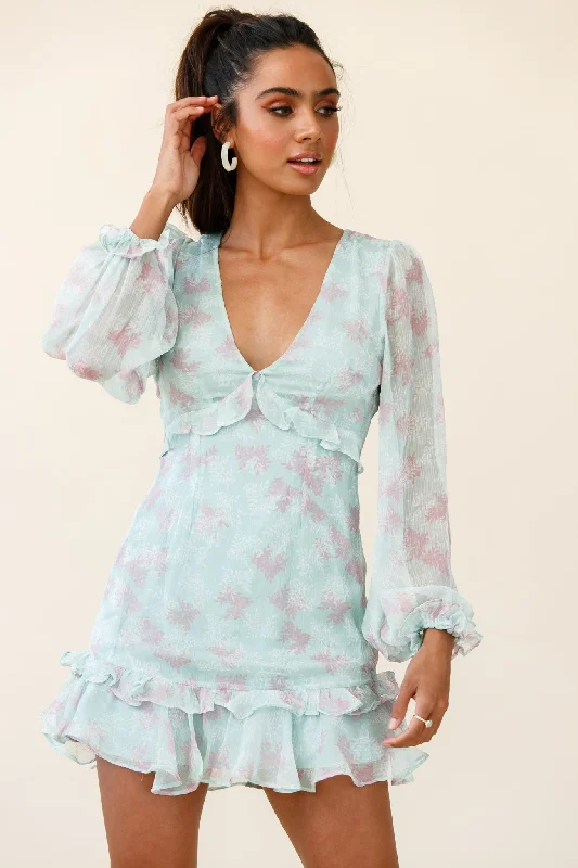 Amarantha Sheer Balloon Sleeve Frill Trim Dress Floral Print Mint