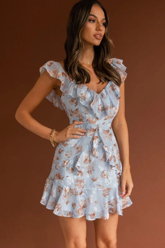 Flower Child Frill V-Neckline Dress Floral Blue