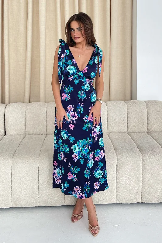 Beverly Tie Shoulder Midi Dress In Navy Floral