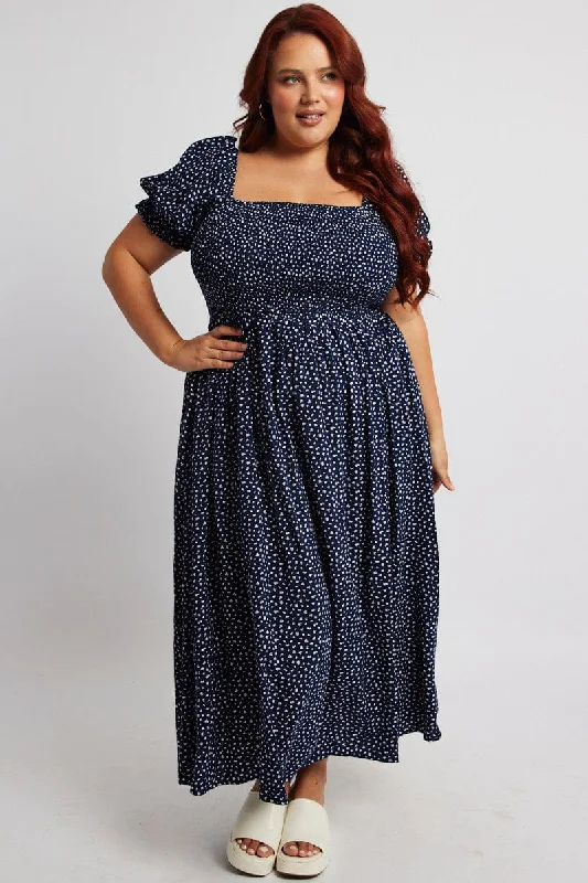 Blue Ditsy Midi Dress Short Sleeve Shirred