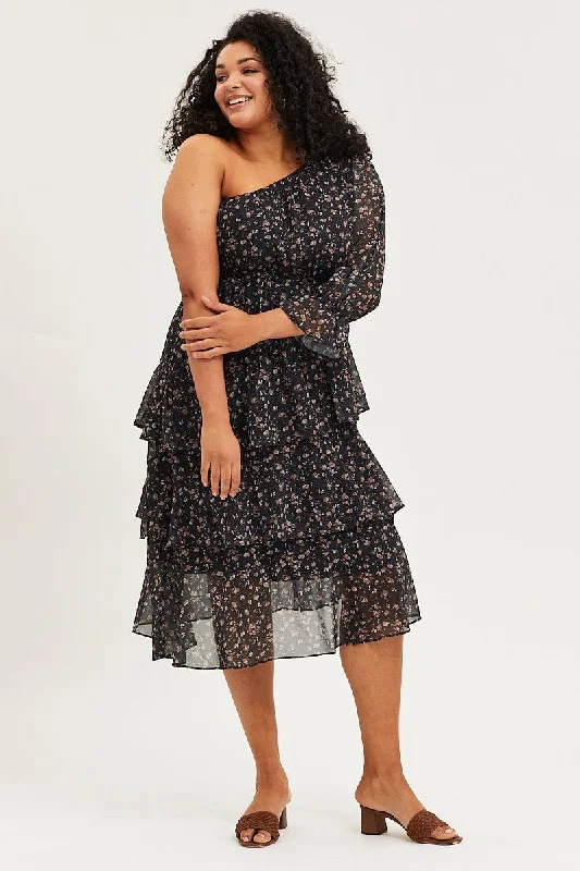 Geo Print One Sleeve Floral Midi Dress