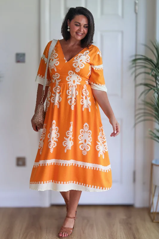 Suzanne Orange Boarder Midi Dress