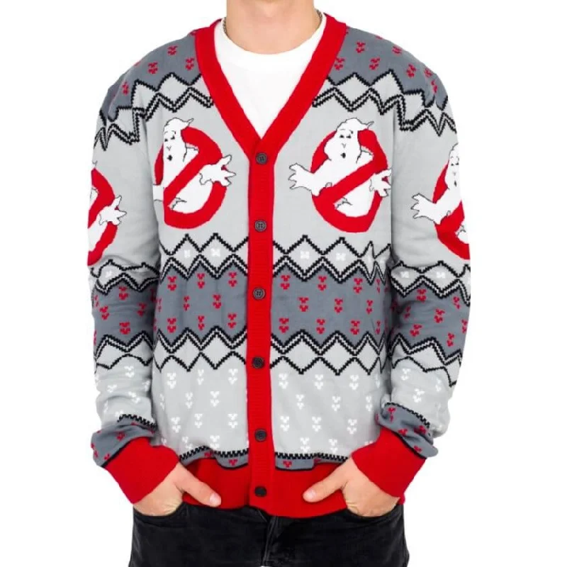 Men's Zip - Up Fleece - Lined Sweater in Black with Thumbholes for Outdoor Winter ActivitiesGhostbusters Logo Ugly Christmas Cardigan Sweater Men's Zip - Up Fleece - Lined Sweater in Black with Thumbholes for Outdoor Winter ActivitiesGhostbusters Logo Ugly Christmas Cardigan Sweater